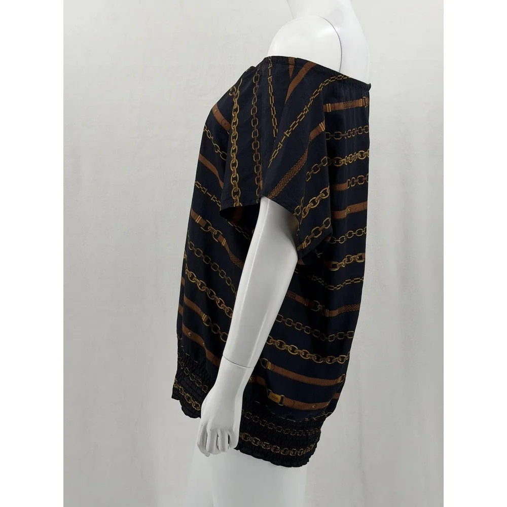Michael Kors Top Womens 2X Navy Chain Belt Off the‎ Shoulder Equestrian Sheer